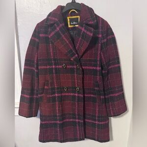 Sam Edelman Burgundy and Pink Plaid Pea Coat